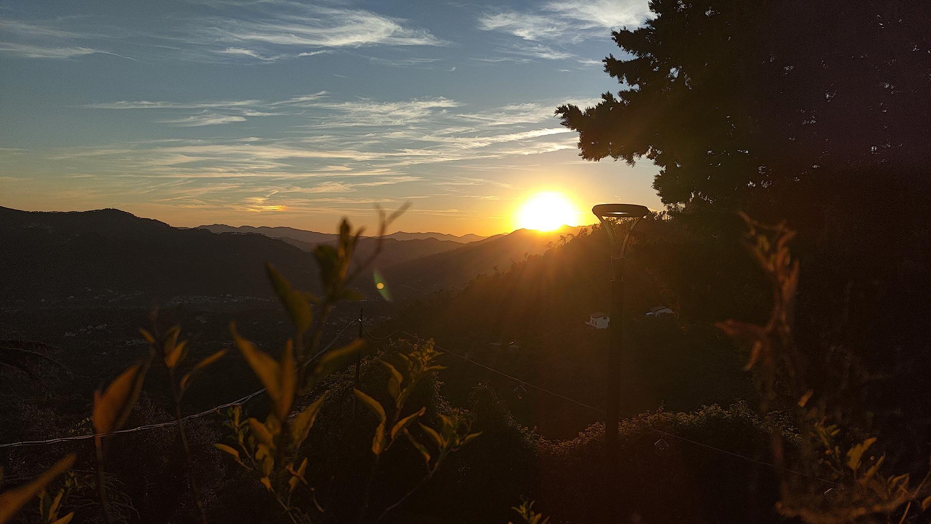 Tramonto montano con cielo nuvoloso e vegetazione in primo piano.