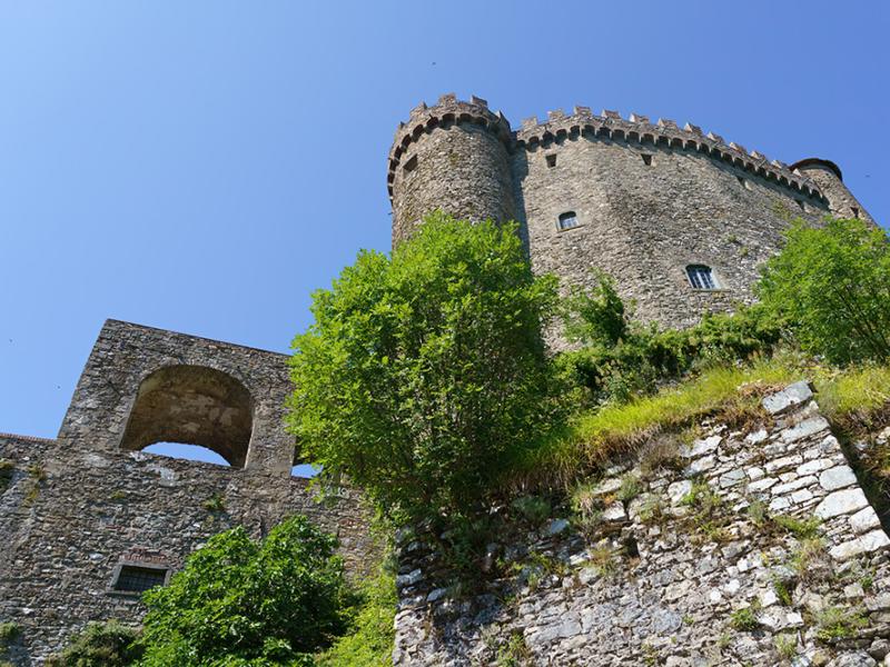 Castello medievale in pietra con torre, circondato da vegetazione, sotto un cielo azzurro.
