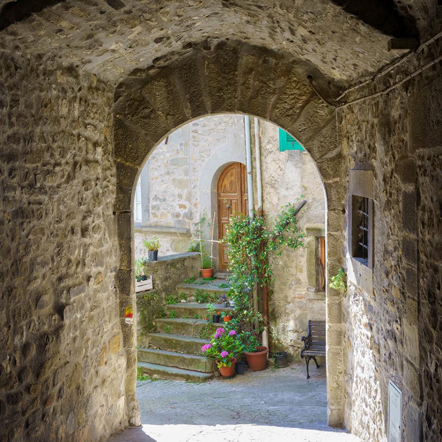 Arco in pietra conduce a un cortile con piante e fiori colorati.